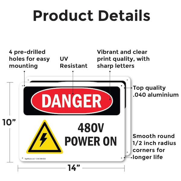 480V Power On Danger Sign, Aluminum, 14in W X 10in L, 2PK